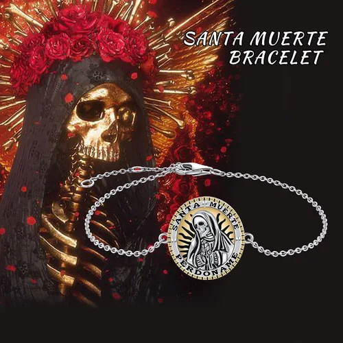 Miniatura 6 de YAFEINI Pulsera de plata de ley 925 con dije de muerte de Santa Muerte para mujer, Plata de ley Plata, Sin gemas.