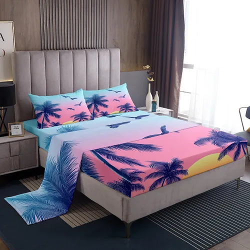 Miniatura 22 de Juego de sábanas de 3 piezas con diseño de playa oceánica, diseño de árbol de coco tropical, para decoración de habitación de niños, niñas, niños