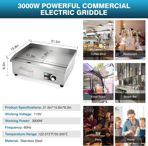 Miniatura 2 de IRONWALLS Plancha eléctrica comercial de 22 pulgadas, 3000 W, parrilla eléctrica para interiores con control de temperatura ajustable de 122 ~ 572