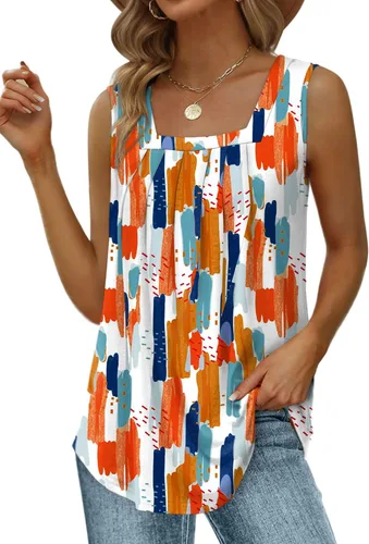 Miniatura 51 de Saloogoe - Camisetas sin mangas veraniegas para mujeres, plisadas con cuello cuadrado y dobladillo curvado, blusas de ajuste holgado con movimiento
