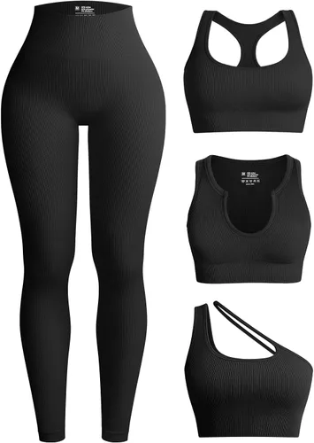 OQQ Conjuntos de entrenamiento de 4 piezas para mujer leggings acanalados de cintura alta con 3 piezas con brasier deportivo