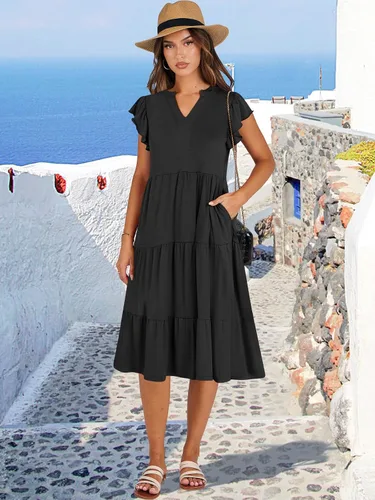 Miniatura 2 de ANRABESS Vestido de verano para mujer, manga con volantes, cuello en V, vestido midi a la moda, casual, holgado, escalonado, bohemio, playa