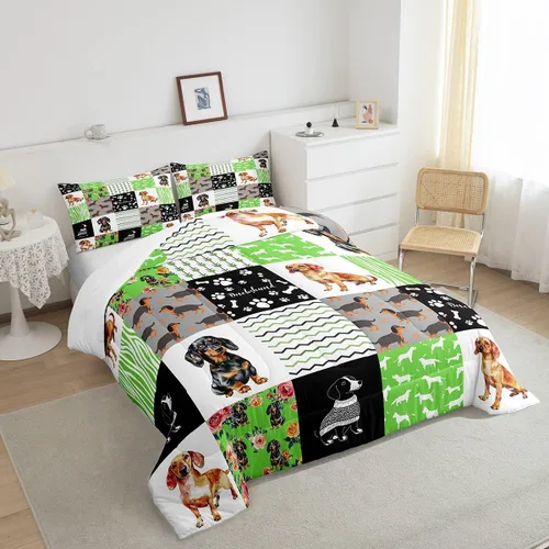 Miniatura 5 de Erosebridal Bonito juego de edredón de perro salchicha para niños y niñas, juego de ropa de cama de perros verdes coloridos para regalo para amantes