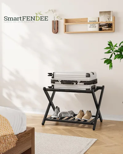 Miniatura 6 de Smart FENDEE Portaequipajes negro totalmente montado, soporte para maleta con estante para zapatos, soporte de equipaje plegable de madera