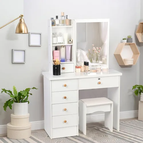 Miniatura 7 de Escritorio de tocador con espejo, tocador de maquillaje con silla, tocador, escritorio blanco con 6 cajones y estantes de almacenamiento, Tocadores