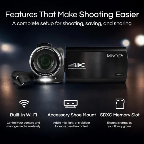Miniatura 5 de Minolta Videocámara 4K Ultra HD con pantalla táctil de 3.5 pulgadas, zoom óptico de 10x, fotos de 28 MP, estabilizador digital, soporte de zapato