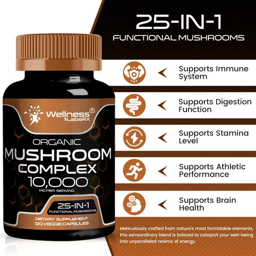 Miniatura 5 de WELLNESS LABSRX Cápsulas de suplemento de hongos extracto 10:1, cápsulas complejas de hongos 1000 mg, suplemento de melena de león con cola de pavo