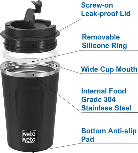 Miniatura 3 de WETOWETO Vaso Térmico Aislado de Acero Inoxidable de 12 oz, Taza de Viaje para Café a Prueba de Derrames con Tapa, Tazas de Café Reutilizables