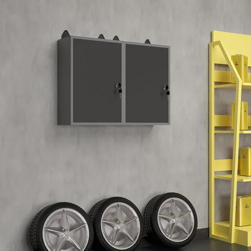 Miniatura 2 de JZD Gabinete de almacenamiento montado en la pared de acero, gabinetes de herramientas colgantes de metal, para taller de garaje, negro y gris