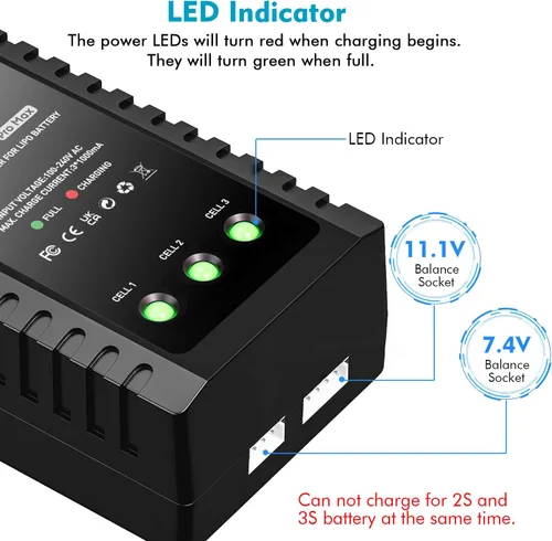 Miniatura 3 de Cargador de Batería LiPo 2S-3S RC Cargador de Balance Compacto para Baterías LiPo 7.4-11.1V (Negro)