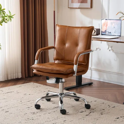 Miniatura 13 de MOJAY Silla de escritorio ergonómica de cuero con respaldo medio, moderna silla tapizada para computadora, silla de oficina ejecutiva con brazos
