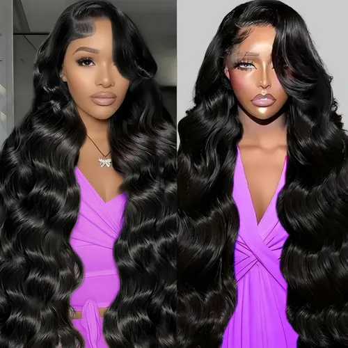 Miniatura 10 de QZOQZO Pelucas de encaje frontal 13x6 de cabello humano, prearrancadas, densidad del 180%, onda corporal, HD, frontal de encaje, sin pegamento