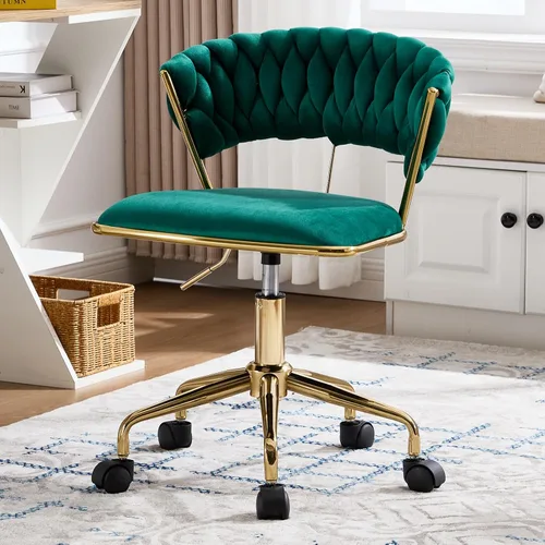 Miniatura 10 de NIOIIKIT Silla de oficina en casa, silla tapizada de terciopelo con respaldo abierto tejido, silla de escritorio giratoria de 360° con ruedas, silla