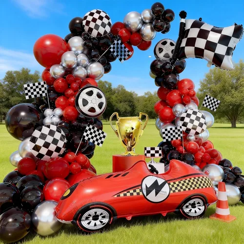 Miniatura 7 de Kit de arco de globos de auto de carreras, decoración de cumpleaños de coches de carreras, fiesta de cumpleaños, bandera roja, negra y plateada, kit