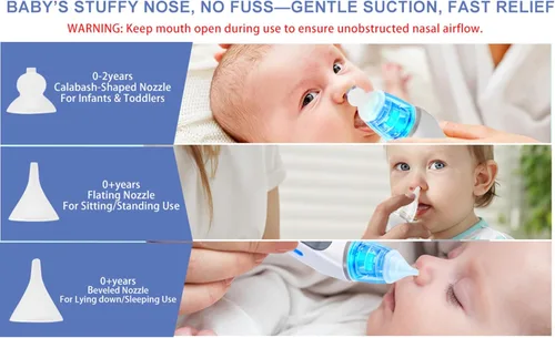 Miniatura 3 de Aspirador nasal eléctrico para bebé, ventosa de nariz impermeable para niños pequeños, limpiador de nariz con 3 puntas de silicona, 3 niveles