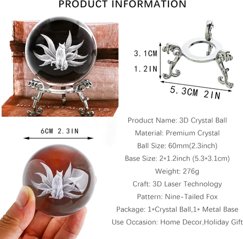 Miniatura 2 de HDCRYSTALGIFTS Bola de cristal 3D con soporte - 60 mm Escultura de zorro de nueve colas tallada con láser de vidrio Esfera completa artística Bola