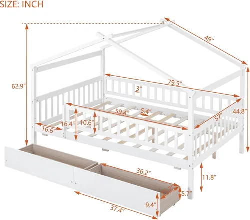 Miniatura 2 de Bellemave Cama de plataforma Montessori Full House para niños con 2 cajones de almacenamiento, barandillas y techo, madera maciza tamaño matrimonial