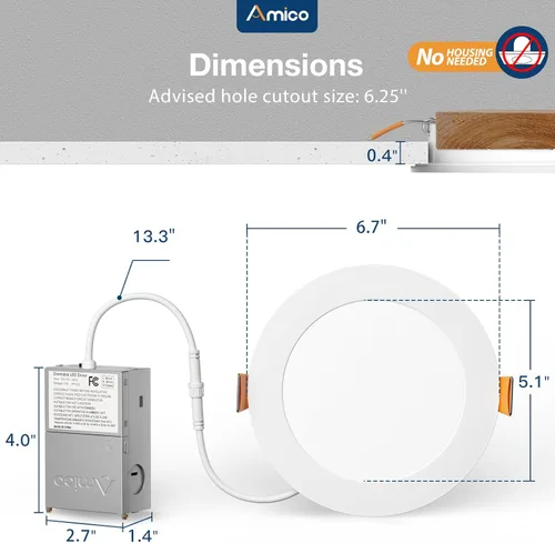 Miniatura 6 de Amico paquete de 12 luces de techo empotrables ultrafinas de 6 pulgadas, 5 CCT, con caja de conexiones, 2,700 K, 3,000 K, 3,500 K, 4,000 K, 5,000 K