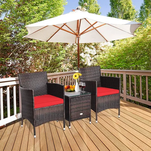 Miniatura 3 de HAPPYGRILL Juego de muebles de patio de 3 piezas para exteriores, juego de conversación de mimbre de ratán con mesa auxiliar, sillas y cojines Rojo