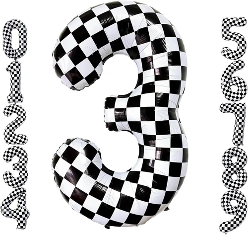 Lovoir Globos gigantes de 40 pulgadas con temática de autos de carreras con el número 3, color negro y blanco para decoración de fiesta de tercer
