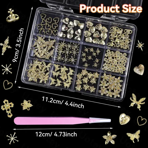 Miniatura 4 de 120 dijes de uñas dorados, corazón de estrella de metal 3D, flores de cruz dorada y dijes de la Virgen María para uñas acrílicas, accesorios