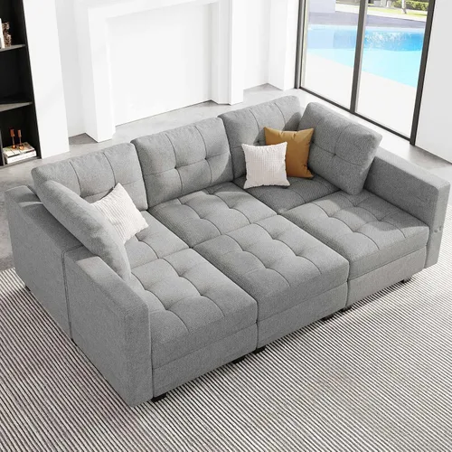 Miniatura 19 de Belffin Sofá cama modular de almacenamiento, sofá seccional con tumbonas anchas, sofá seccional convertible, sofá cama modular, cama gris claro