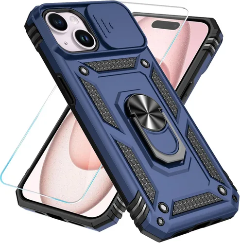 Miniatura 13 de SunStory Funda compatible con iPhone 15 con protector de pantalla HD, cubierta de cámara deslizante y soporte de anillo giratorio, [grado militar]