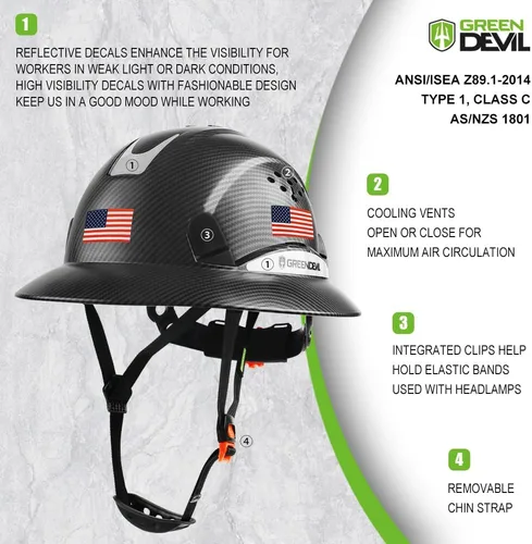 Miniatura 3 de GREEN DEVIL Casco de seguridad de construcción ventilado de ala completa, casco de seguridad aprobado por la OSHA Cascos De Construccion ABS