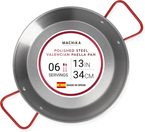 Machika Paella de acero al carbono de 13 pulgadas, sartén grande de acero pulido de 13.4 in de España, ideal para fiestas de paella en interiores,