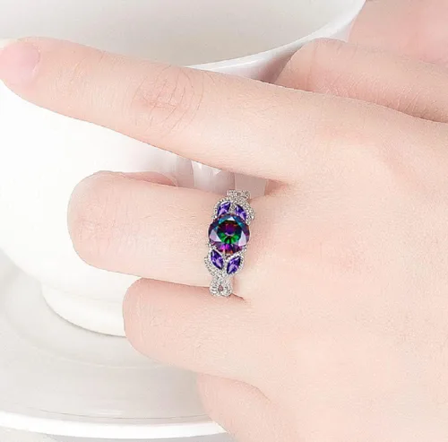 Miniatura 3 de Awmnjtmgpw - Anillo de compromiso de plata de ley 925 con topacio arcoíris para mujer, anillo de diamantes de corte princesa, anillo de diamantes