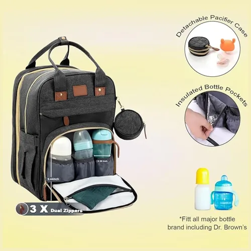 Miniatura 8 de Mochila para pañales – Bolsa de bebé grande impermeable con puerto de carga USB, cambiador y correas para cochecito – Organizador de viaje elegante