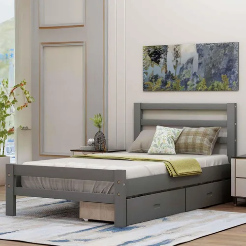 Miniatura 6 de Base de cama con 2 cajones, base de cama moderna de plataforma de madera con cabecero para niños, adolescentes y adultos, base de colchón Camas, sin