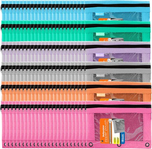 Miniatura 10 de BAZIC PRODUCTS Estuche para lápices de 3 anillos con agujeros de anillos reforzados con remaches, bolsa de malla de color pastel con cremallera