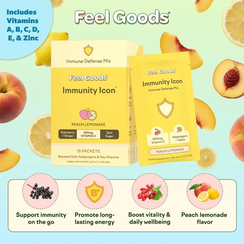 Miniatura 2 de Feel Goods Icono de inmunidad, paquetes de polvo de apoyo inmunológico de vitamina C, 500 mg de vitamina C, saúco, jengibre, cúrcuma y vitaminas