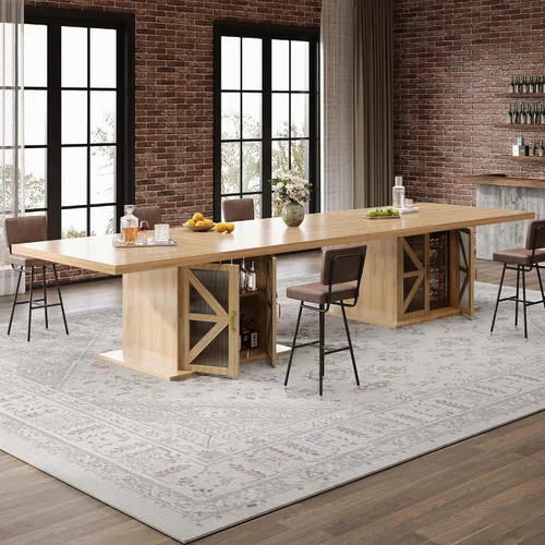 Miniatura 3 de LVB Mesa de comedor para 4-6, moderna mesa de comedor de madera, mesa de cocina rectangular de granja con espacio de almacenamiento y refrigerador