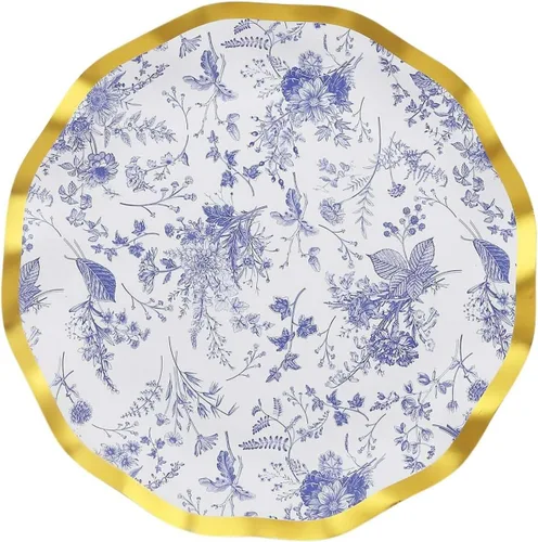 Miniatura 7 de Efavormart - Paquete de 25 platos de postre de papel chino chino azul y blanco con borde ondulado dorado de 11.32 oz/m² para recepciones y fiestas