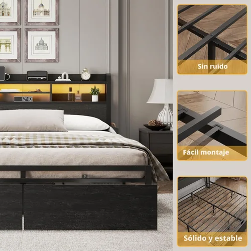 Miniatura 6 de Furnulem Base de cama Queen con cabecera de madera y estante de almacenamiento, marco de cama de plataforma de metal tamaño Queen con cajones