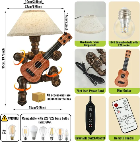 Miniatura 6 de Lámpara de mesa de guitarra robot industrial vintage con bombilla, control remoto, temporizador, regulable, regalos geniales para amantes