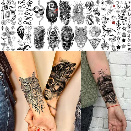 Miniatura 6 de 70 hojas de tatuajes temporales realistas en 3D de antebrazo, lobo, tigre, león, para hombres y mujeres, brazo del muslo, calavera aterradora