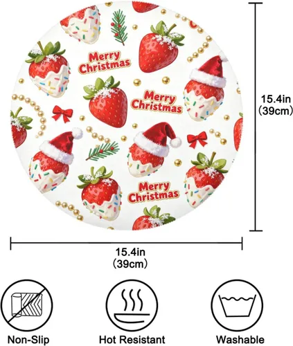 Miniatura 3 de Merry Christmas Red Strawberry Round Place mat Christmas Reversible Quilted placemat individuales para mesa de comedor Rose Gold 15.4x15.4in Set of 6