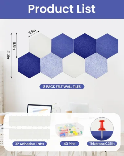 Miniatura 5 de Tablero de anuncios hexagonal grande de fieltro de 36 x 24 pulgadas, tablero de corcho alternativo, paquete de 8 azulejos de pared de fieltro negro