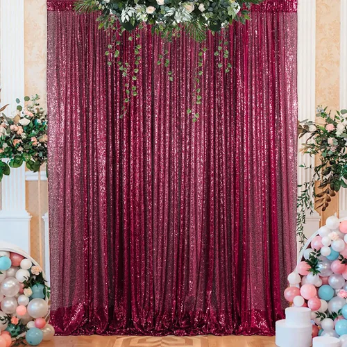 Miniatura 24 de ShinyBeauty Cortinas de Lentejuelas 2 Paneles 2ftx8ft Wine Telón de Fondo con Brillantina para Videos de YouTube Cortinas de Lentejuelas Borgoña