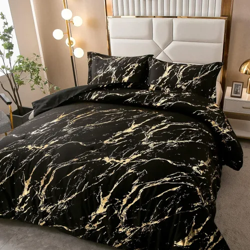 Miniatura 4 de WONGS BEDDING Juego de edredón de mármol metálico negro dorado Queen con estampado de lámina brillante y purpurina, juegos de ropa de cama con 2