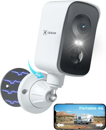 COCOCAM 4G Cámara de seguridad celular magnética portátil inalámbrica, cámara 2K para interior/exterior para RV/camping/viajes, 300° panorámica,