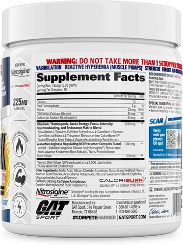 Miniatura 2 de GAT SPORT NITRAFLEX Burn, pre-entrenamiento, frambuesa azul, 30 porciones