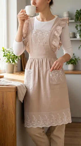 Miniatura 3 de Delantal vintage para mujeres con bolsillos, delantal lindo de algodón y lino con encaje y espalda cruzada para jardinería, cocina, cocinar y hornear