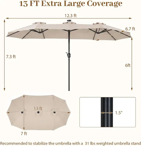 Miniatura 6 de Tangkula Sombrilla solar de patio de 13 pies, sombrilla de doble cara extra grande para mesa de mercado al aire libre con 36 luces LED, mango