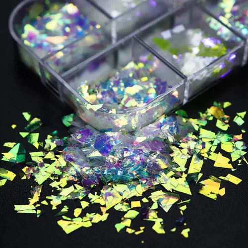 Miniatura 4 de Arte de uñas holográfico de sirena, lentejuelas con purpurina en polvo, piezas irregulares celofán fluorescente, piezas iridiscentes con purpurina