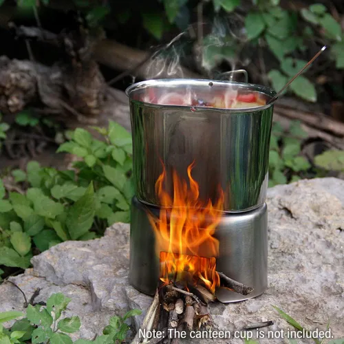 Miniatura 7 de HUIOP Soporte para tazas de cantina, soporte de taza de acero inoxidable, estufa de leña para acampar al aire libre, senderismo, picnic, barbacoa