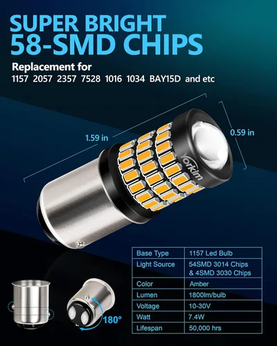 Miniatura 3 de Yorkim Bombillas LED superbrillantes 1157 ámbar, 9-30 V 1157 2057 2357 7528 BAY15D bombilla LED con proyector, repuesto para luz intermitente, luz